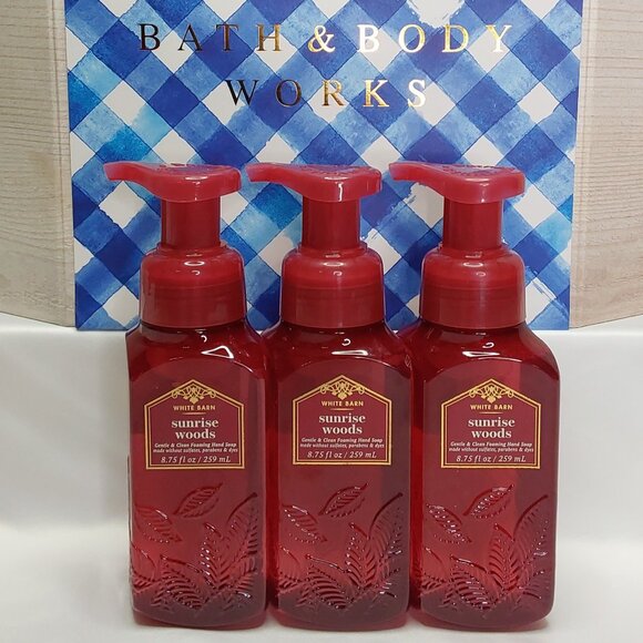 BATH & BODY WORKS WHITE BARN 'SUNRISE WOODS' FOAMING HAND SOAP 3-PIECE SET - Picture 12 of 15